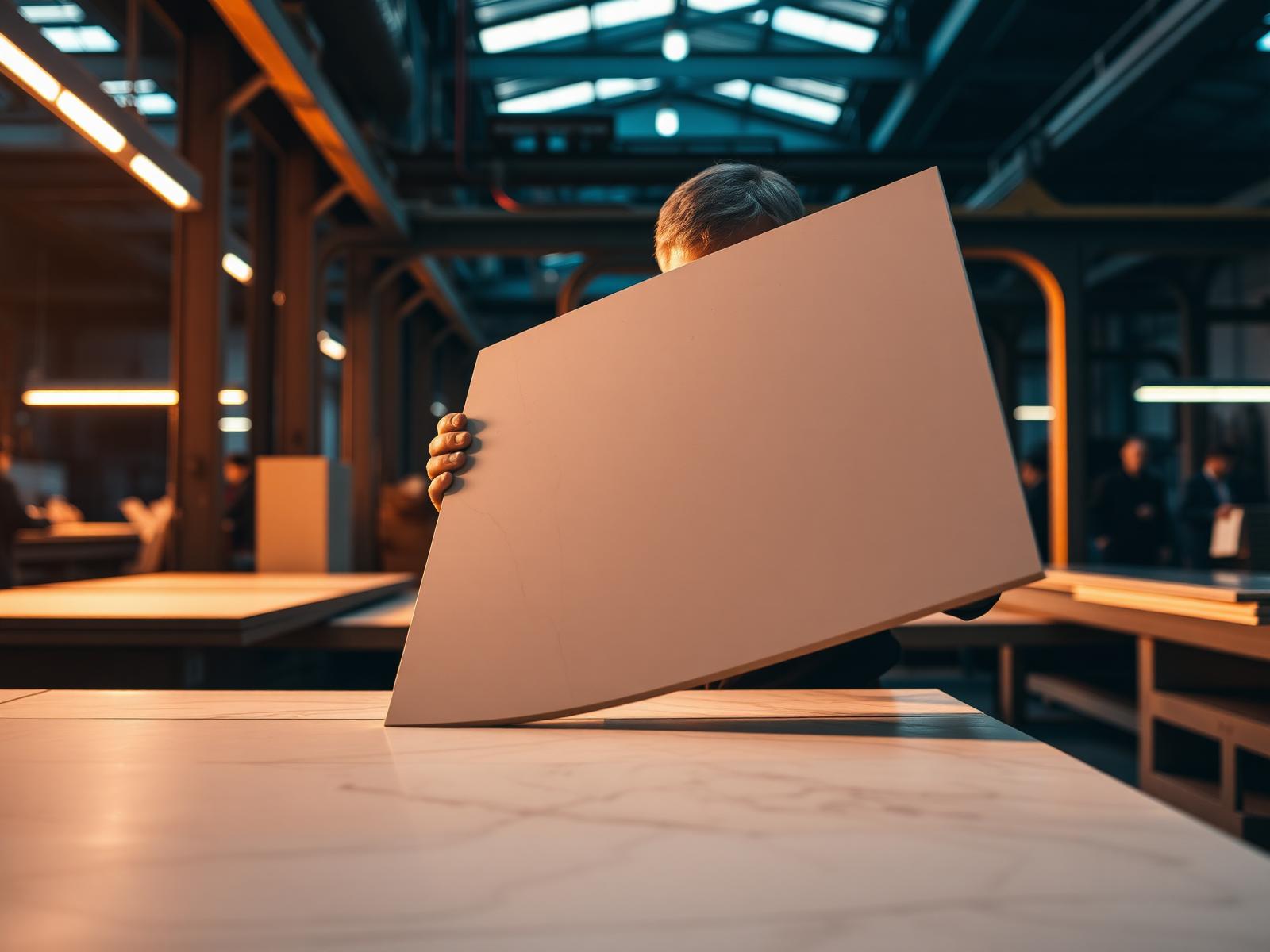 Hands inspecting a large-format vitrified slab