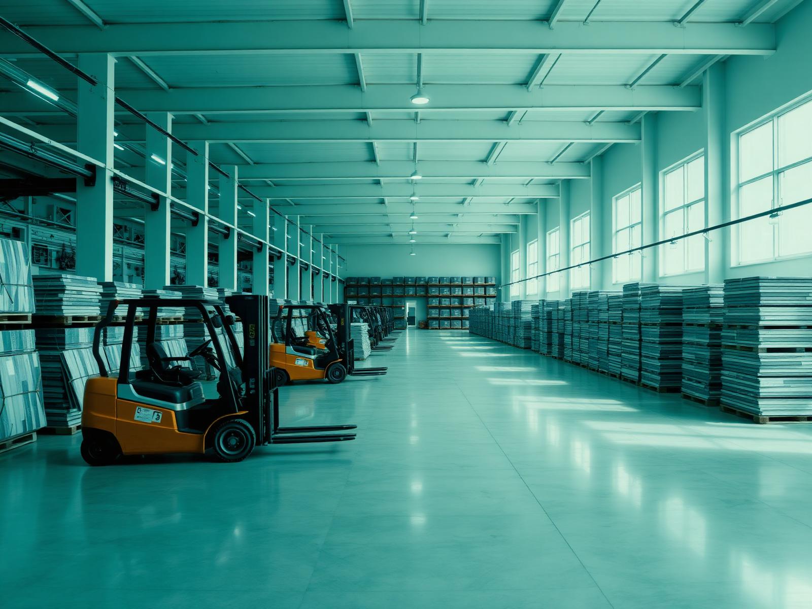Spencer Tiles logistics facility with organised pallets and forklifts